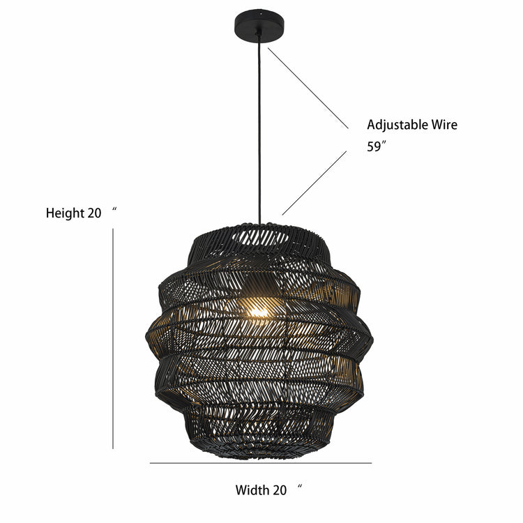 Cana 1-Light Wicker Outdoor Pendant, Coastal Boho Tiered Drum - Handwoven Matte Black
