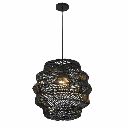 Cana 1-Light Wicker Outdoor Pendant, Coastal Boho Tiered Drum - Handwoven Matte Black