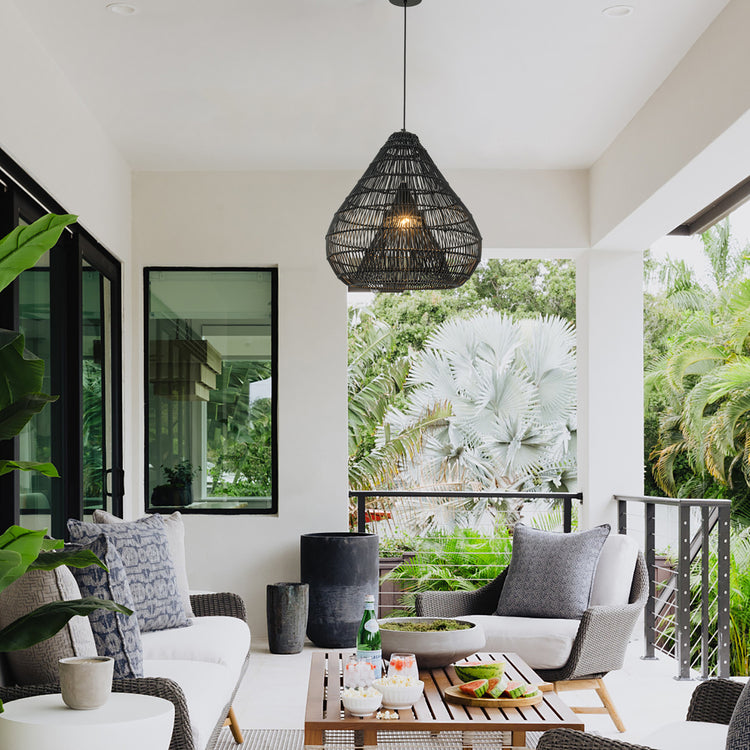 Serina 1-Light Wicker Outdoor Pendant Light, Coastal Boho Style Dome - Handwoven Matte Black