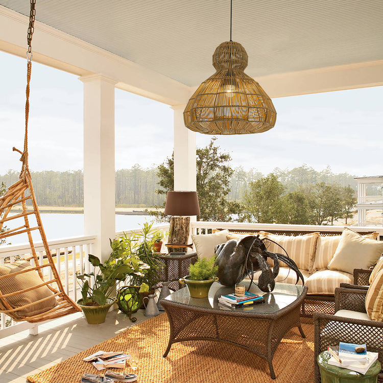 Ciel 1-Light Wicker Outdoor Pendant Light, Coastal Boho Style Scalloped- Handwoven