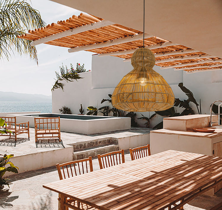 Ciel 1-Light Wicker Outdoor Pendant Light, Coastal Boho Style Scalloped- Handwoven