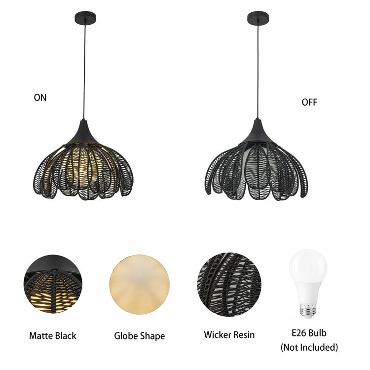 Kamala 1-Light Wicker Outdoor Pendant Light Coastal Boho Style Flower Handwoven Matte Black