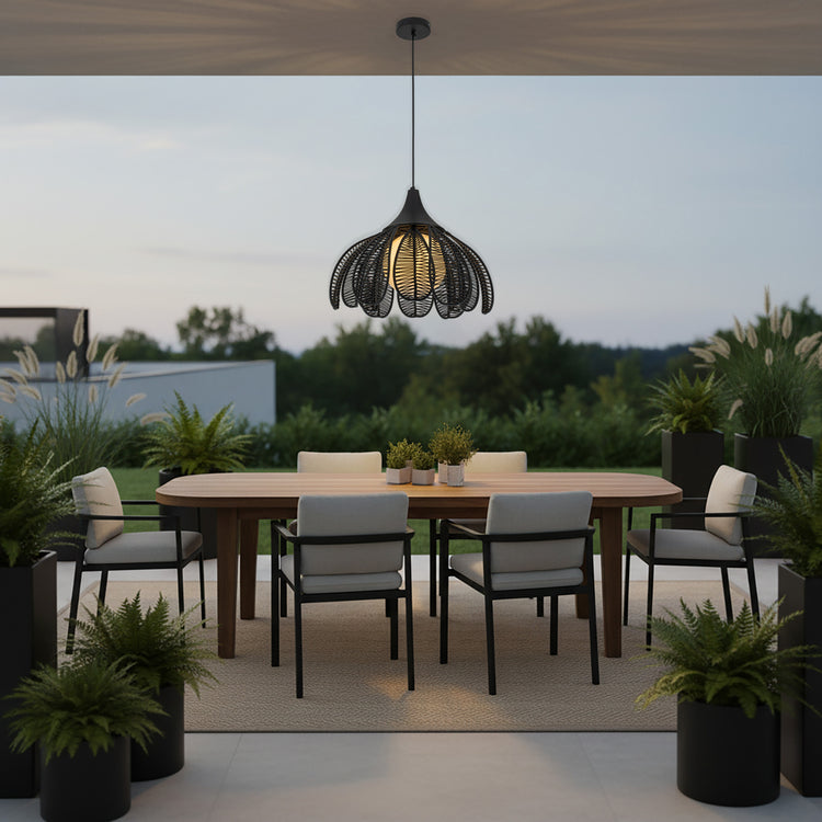 Kamala 1-Light Wicker Outdoor Pendant Light Coastal Boho Style Flower Handwoven Matte Black