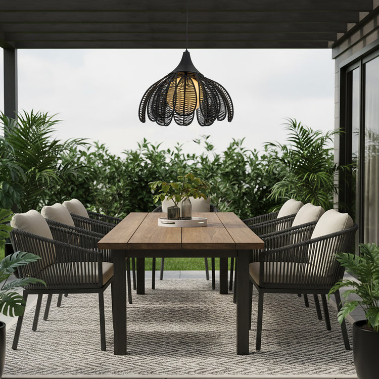 Kamala 1-Light Wicker Outdoor Pendant Light Coastal Boho Style Flower Handwoven Matte Black