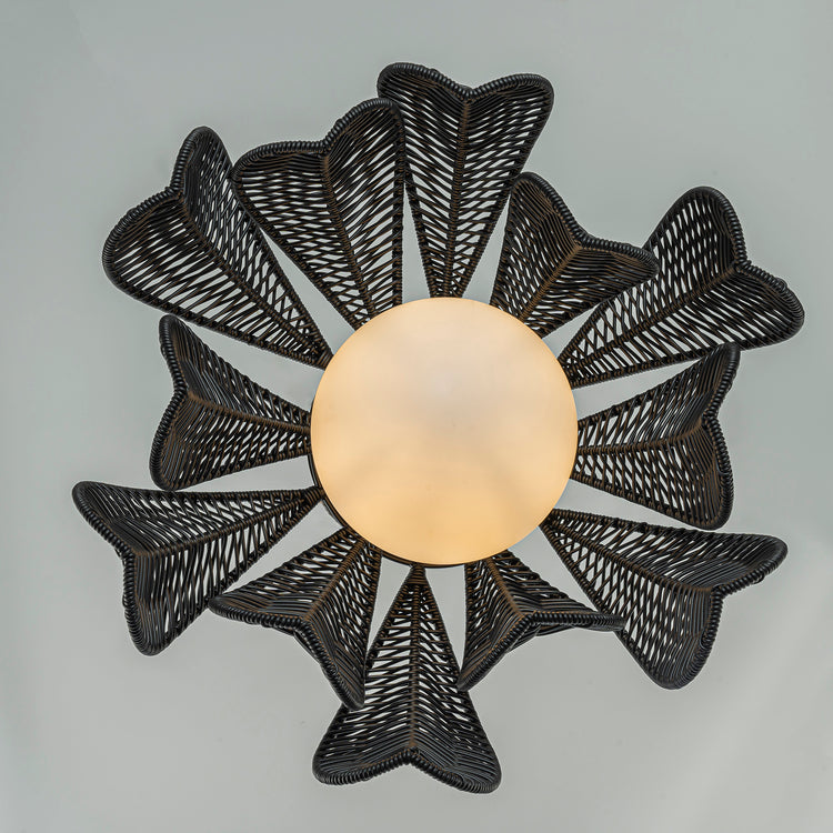 Kamala 1-Light Wicker Outdoor Pendant Light Coastal Boho Style Flower Handwoven Matte Black