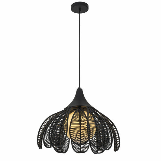 Kamala 1-Light Wicker Outdoor Pendant Light Coastal Boho Style Flower Handwoven Matte Black