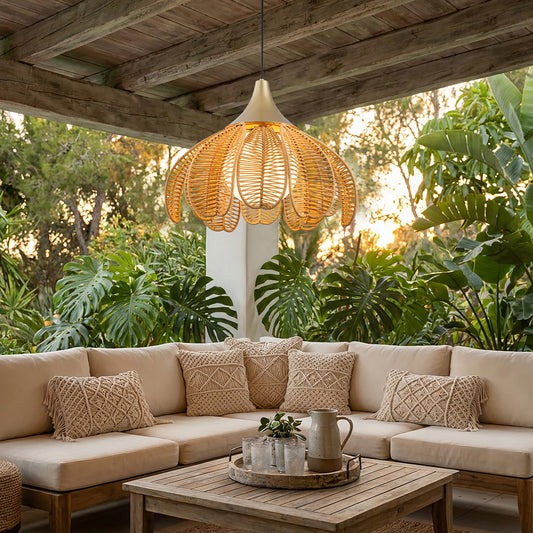 Kamala 1-Light Wicker Outdoor Pendant Light Coastal Boho Style Flower Handwoven