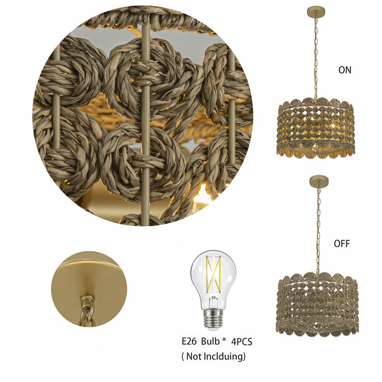 Riva Natural Seagrass Scalloped Pendant Light, Coastal Handwoven 4-Light Fixture