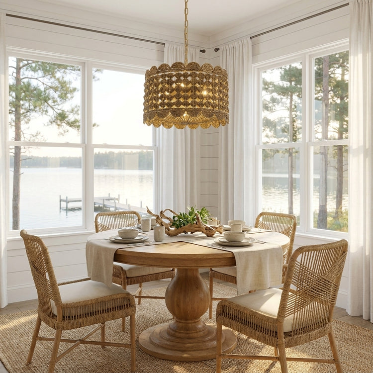 Riva Natural Seagrass Scalloped Pendant Light, Coastal Handwoven 4-Light Fixture
