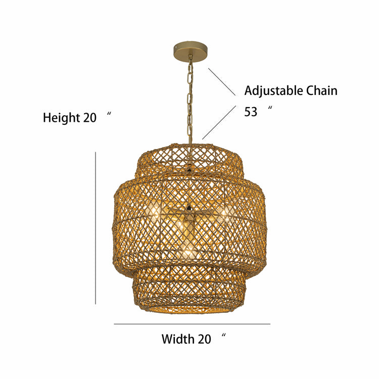 Clair 4-Light Rattan Hemp Tiered Pendant, Coastal Boho - Handwoven