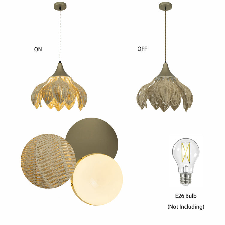 Yume 1-Light Rattan Lotus Pendant, Coastal Boho - Handwoven