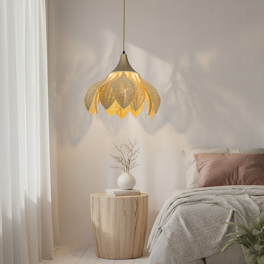 Yume 1-Light Rattan Lotus Pendant, Coastal Boho - Handwoven