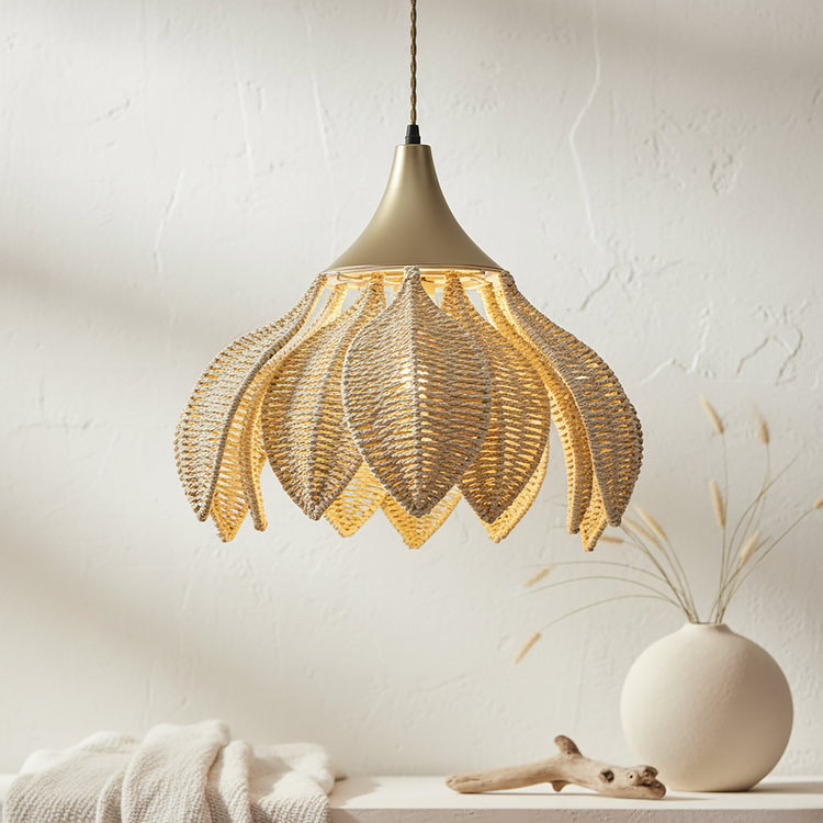 Yume 1-Light Rattan Lotus Pendant, Coastal Boho - Handwoven