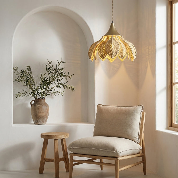Yume 1-Light Rattan Lotus Pendant, Coastal Boho - Handwoven