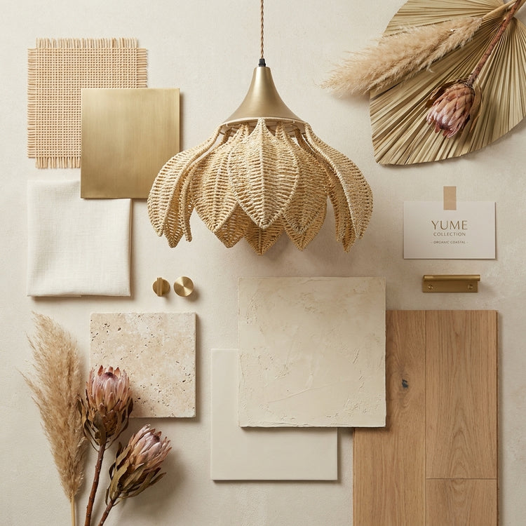 Yume 1-Light Rattan Lotus Pendant, Coastal Boho - Handwoven