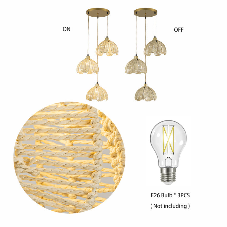 Cali 3-Light Rattan Hemp Cluster Pendant, Coastal Boho - Handwoven