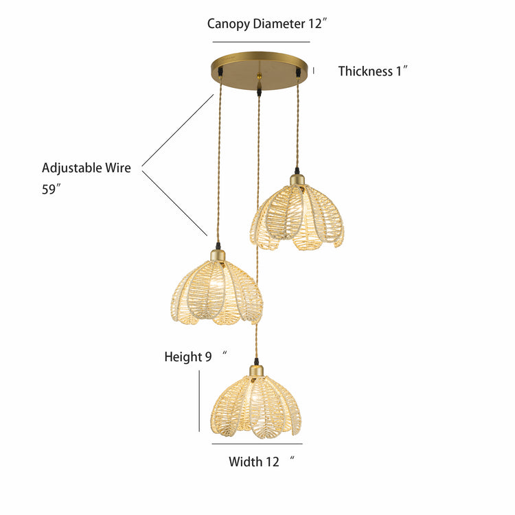 Cali 3-Light Rattan Hemp Cluster Pendant, Coastal Boho - Handwoven