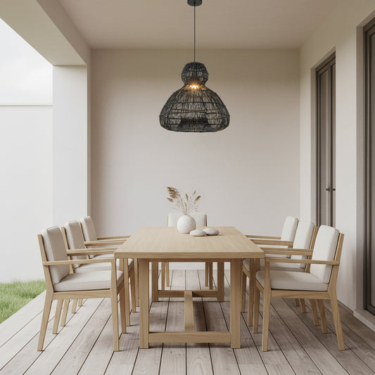 Ciel 1-Light Wicker Outdoor Pendant Light, Coastal Boho Style Scalloped- Handwoven Matte Black