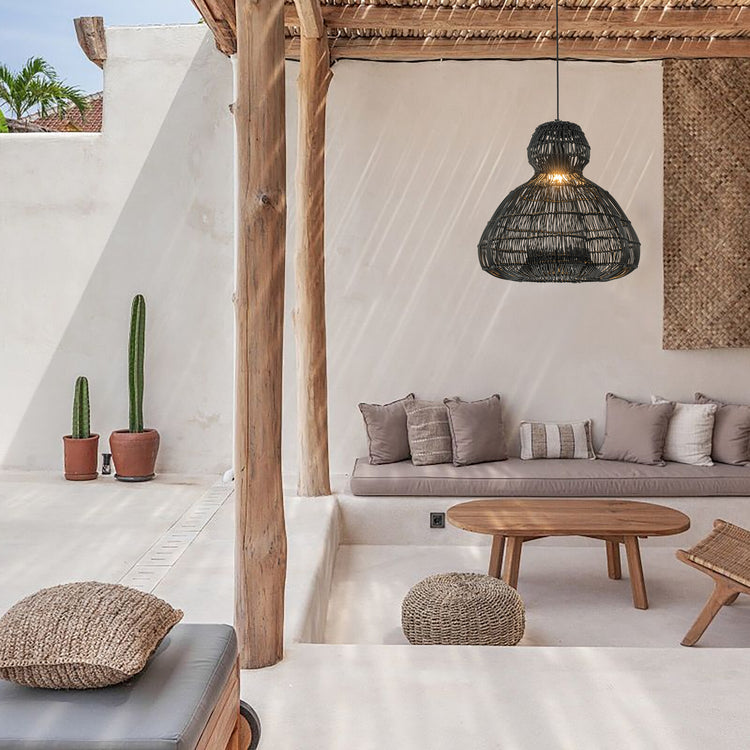 Ciel 1-Light Wicker Outdoor Pendant Light, Coastal Boho Style Scalloped- Handwoven Matte Black