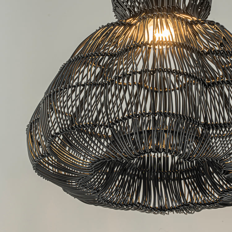 Ciel 1-Light Wicker Outdoor Pendant Light, Coastal Boho Style Scalloped- Handwoven Matte Black