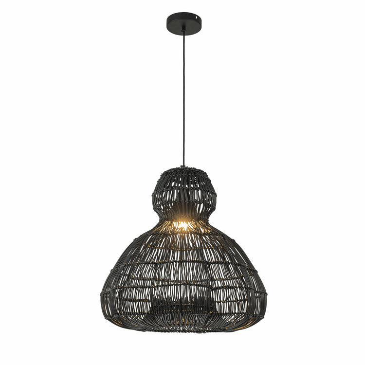 Ciel 1-Light Wicker Outdoor Pendant Light, Coastal Boho Style Scalloped- Handwoven Matte Black