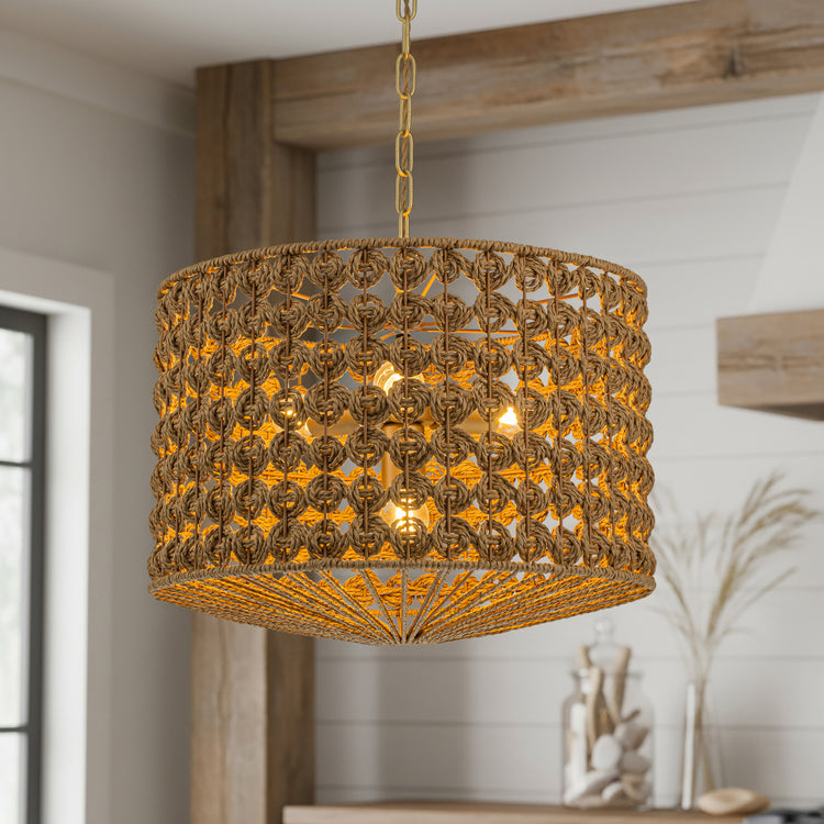 Koyo 4-Light Rattan Drum Pendant, Coastal Boho - Handwoven