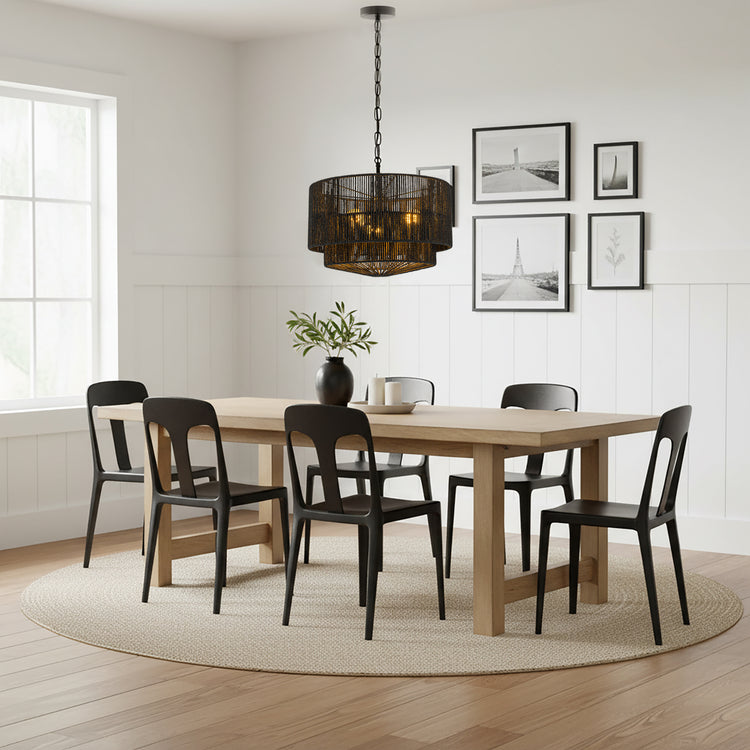 Armida 3-Light Rattan Rope Tiered Drum Pendant, Coastal Boho - Handwoven Black