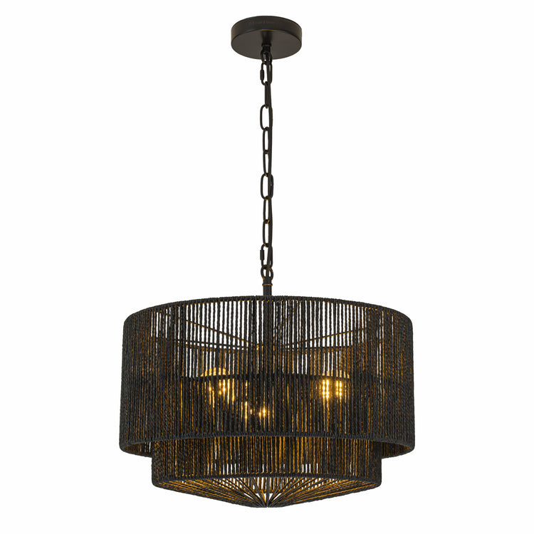 Armida 3-Light Rattan Rope Tiered Drum Pendant, Coastal Boho - Handwoven Black