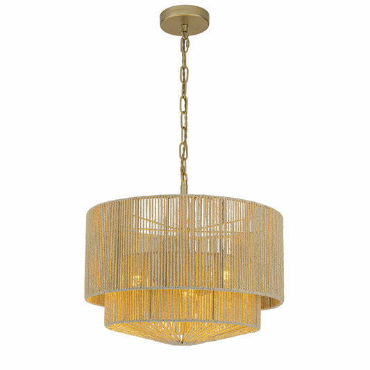 Armida 3-Light Rattan Rope Tiered Drum Pendant, Coastal Boho - Handwoven Beige