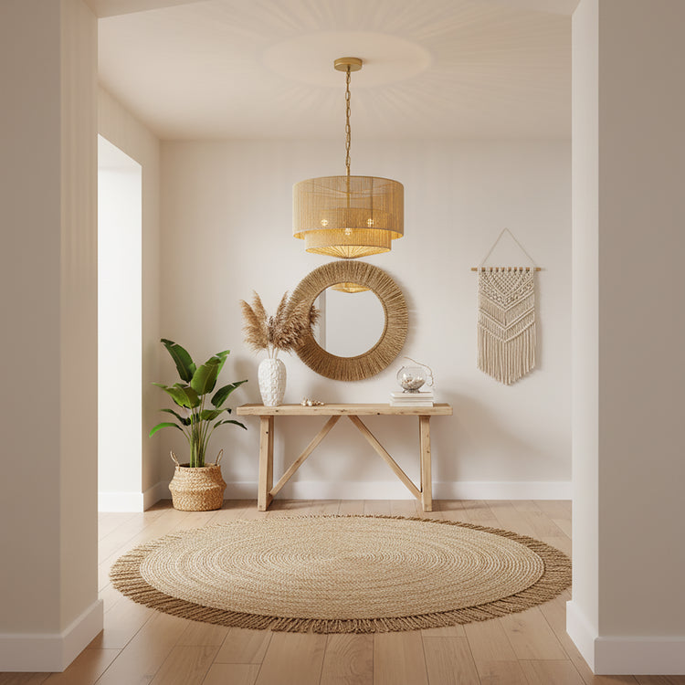 Armida 3-Light Rattan Rope Tiered Drum Pendant, Coastal Boho - Handwoven Beige
