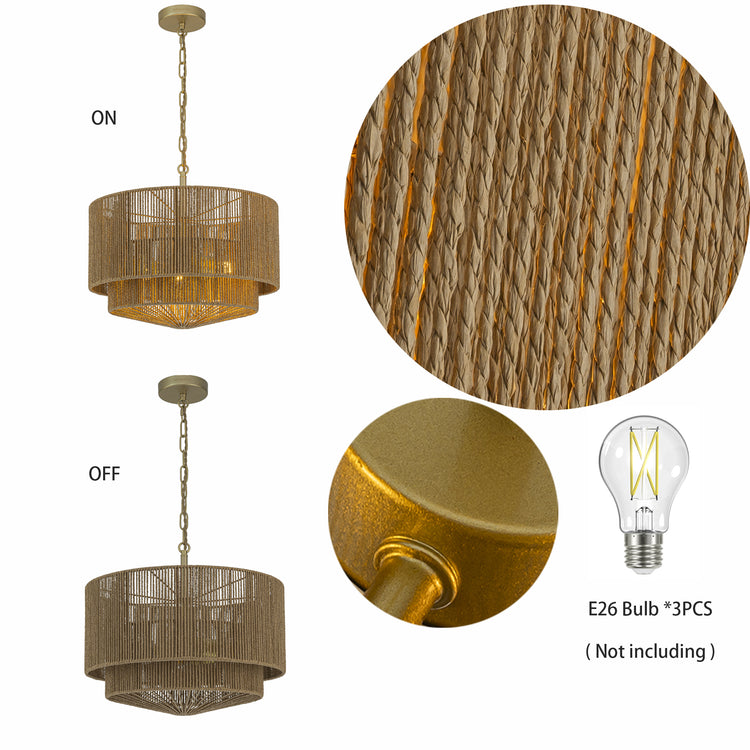 Armida 3-Light Rattan Rope Tiered Drum Pendant, Coastal Boho - Handwoven Brown
