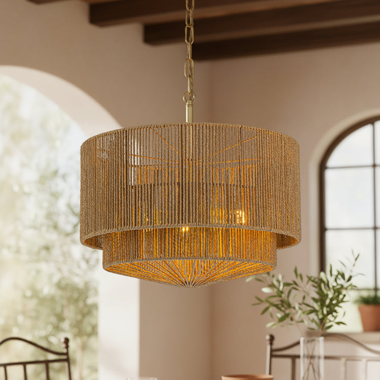 Armida 3-Light Rattan Rope Tiered Drum Pendant, Coastal Boho - Handwoven Brown
