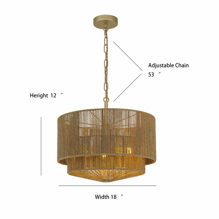Armida 3-Light Rattan Rope Tiered Drum Pendant, Coastal Boho - Handwoven Brown