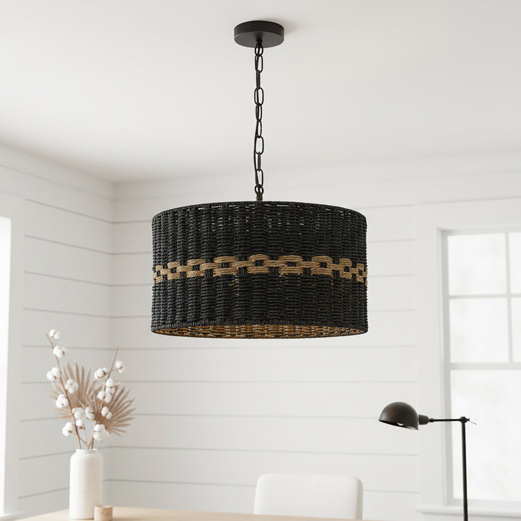 Kira 3-Light Rattan Rope Drum Pendant, Coastal Boho - Handwoven