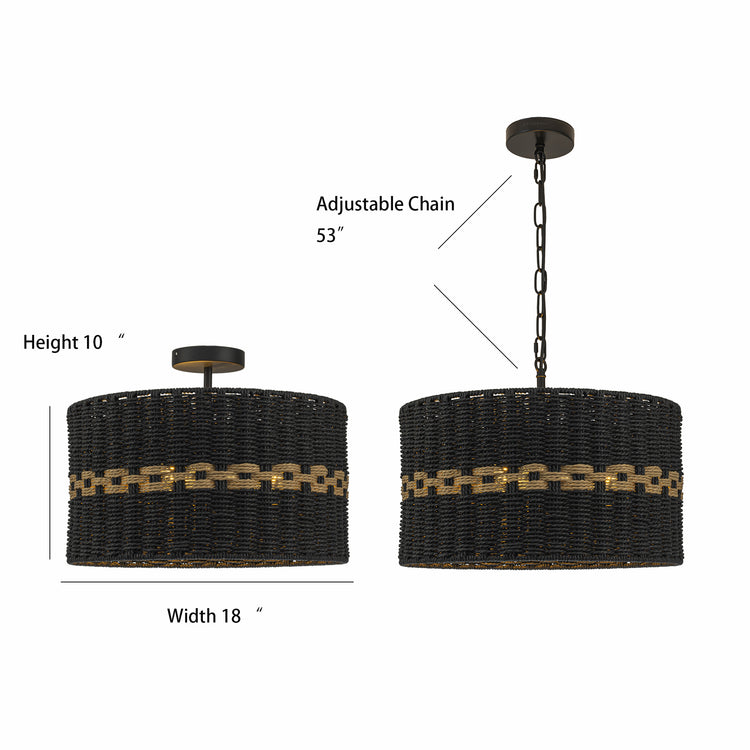 Kira 3-Light Rattan Rope Drum Pendant, Coastal Boho - Handwoven