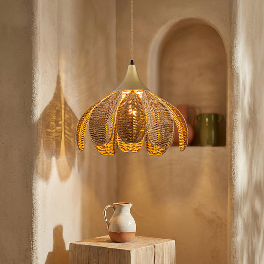 Kamala 1-Light Rattan Hemp Floral Pendant, Modern Coastal Boho - Handwoven