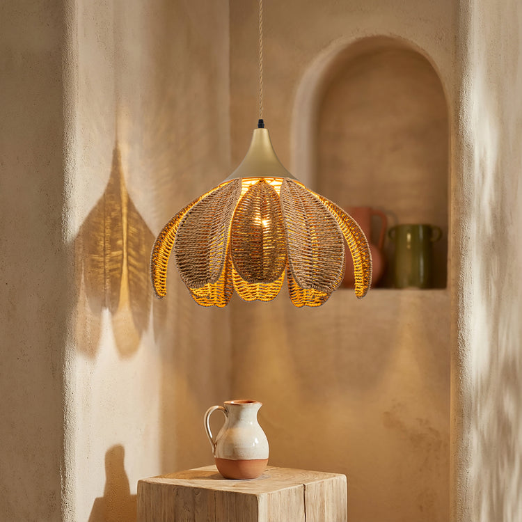 Kamala 1-Light Rattan Hemp Floral Pendant, Modern Coastal Boho - Handwoven