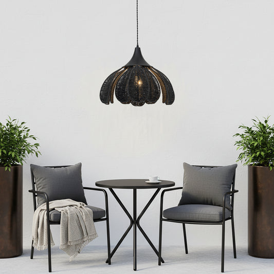 Kamala 1-Light Rattan Hemp Floral Pendant, Modern Coastal Boho - Handwoven Matte Black