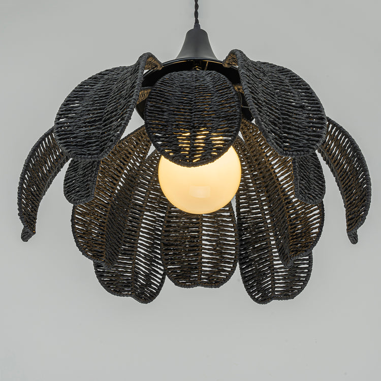Kamala 1-Light Woven Floral Pendant, Modern Coastal Boho - Handwoven Matte Black
