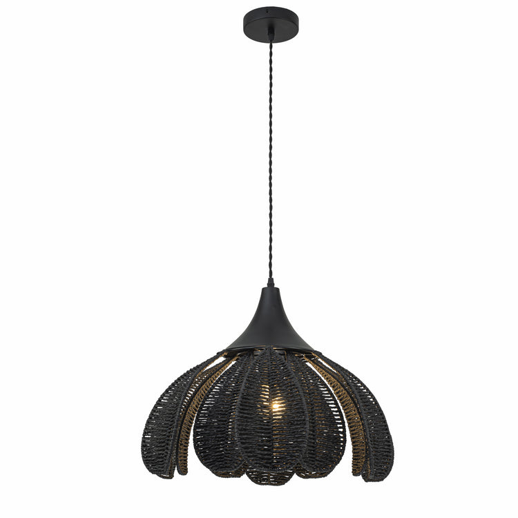 Kamala 1-Light Woven Floral Pendant, Modern Coastal Boho - Handwoven Matte Black