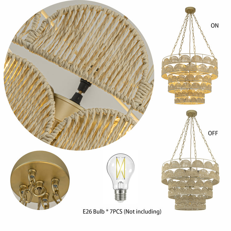 Auris 7-Light Rattan Tiered Chandelier, Coastal Boho Handwoven Statement Lighting