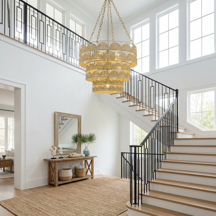 Auris 7-Light Rattan Tiered Chandelier, Coastal Boho Handwoven Statement Lighting