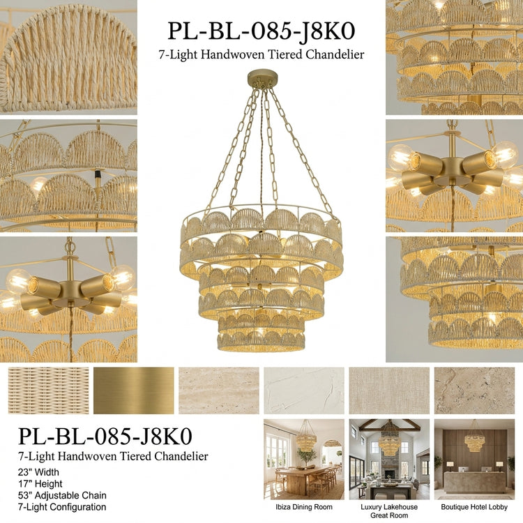 Auris 7-Light Rattan Tiered Chandelier, Coastal Boho Handwoven Statement Lighting