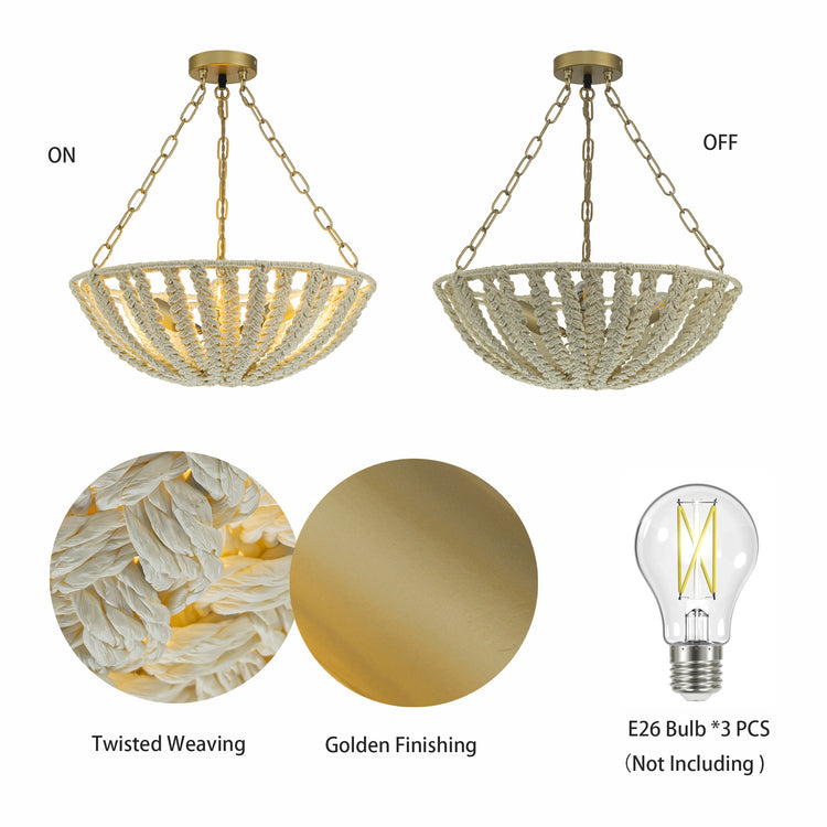 Sable 3-Light Rattan Chandelier, Coastal Boho - Handwoven