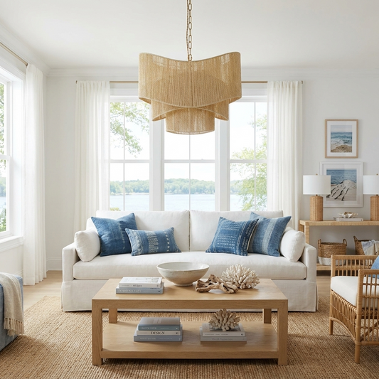 Sienna 3-Light Rattan Tiered Chandelier, Coastal Boho - Handwoven