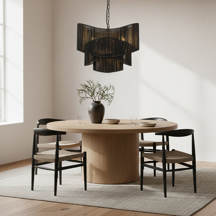Sienna 3-Light Rattan Tiered Chandelier, Coastal Boho - Handwoven Matte Black
