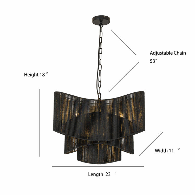 Sienna 3-Light Rattan Tiered Chandelier, Coastal Boho - Handwoven Matte Black
