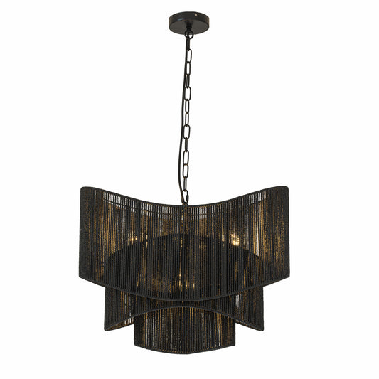 Sienna 3-Light Rattan Tiered Chandelier, Coastal Boho - Handwoven Matte Black