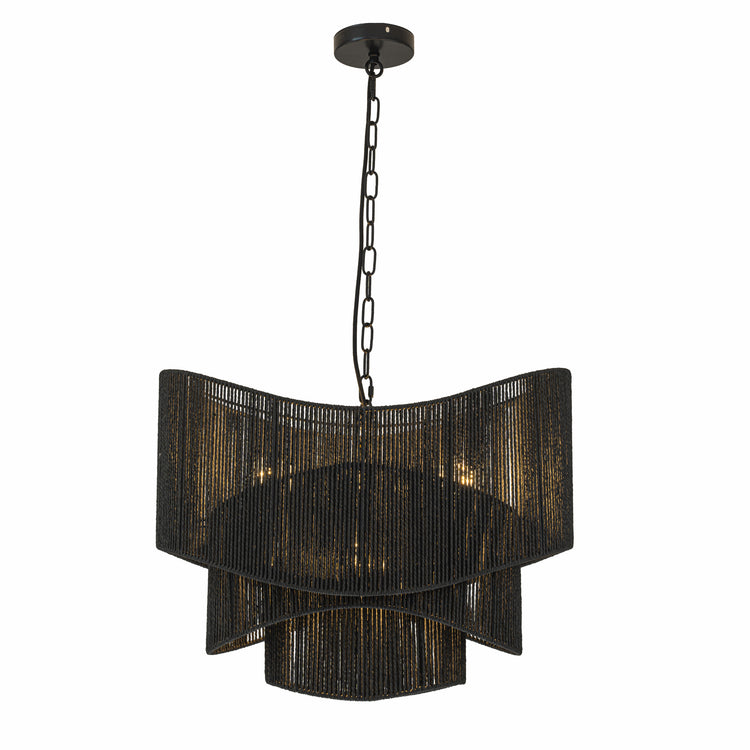 Sienna 3-Light Rattan Tiered Chandelier, Coastal Boho - Handwoven Matte Black