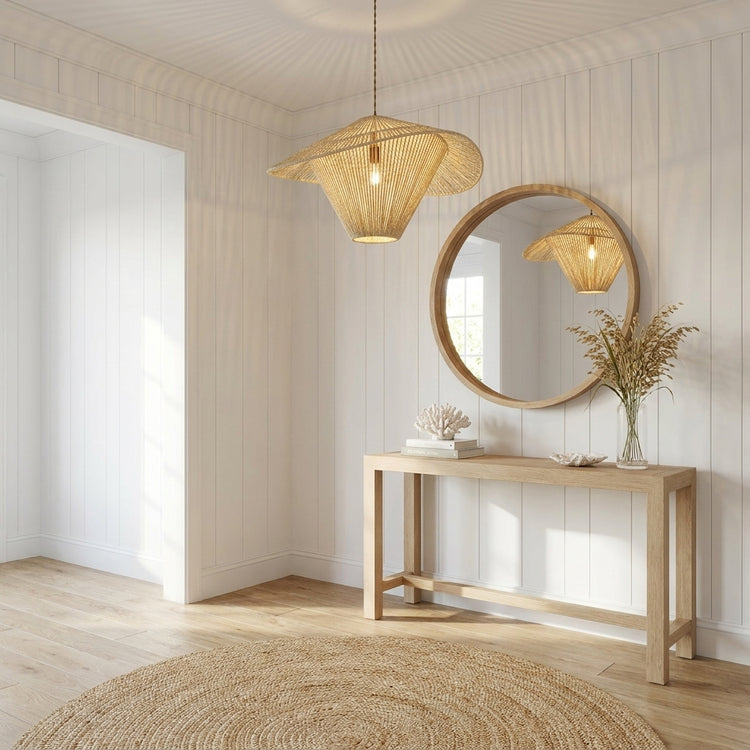 Elara Rattan Hat Pendant Light, Coastal Boho Handwoven Natural Fiber Shade